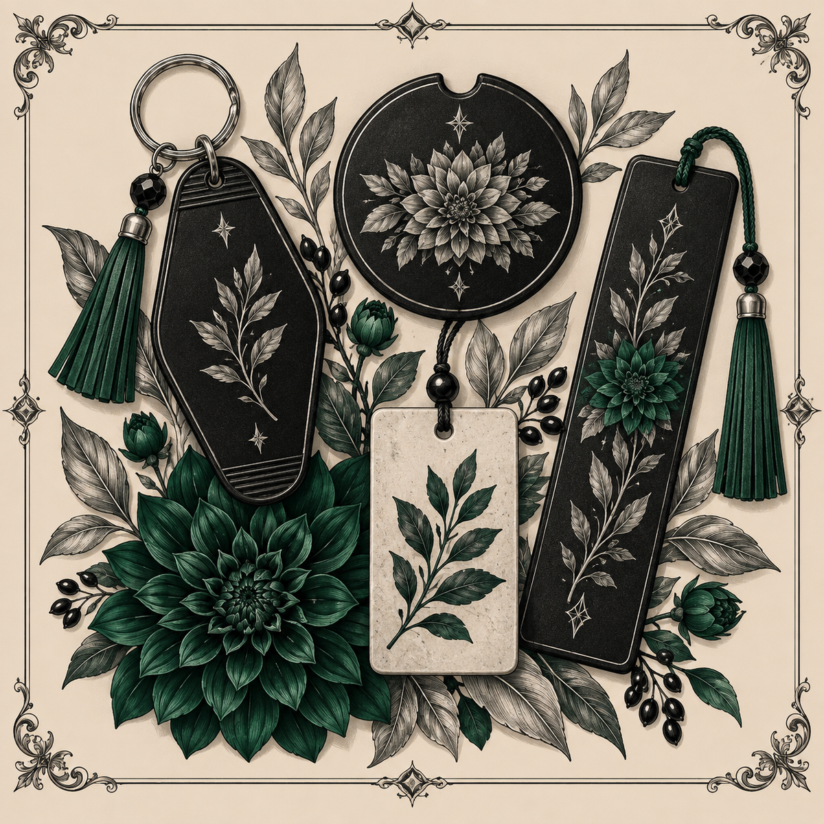 Gothic keychain, coaster, freshie, bookmark, and emerald florals