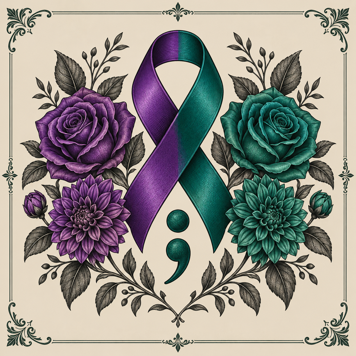 Purple and teal awareness ribbon, emerald semicolon, roses, and dahlias