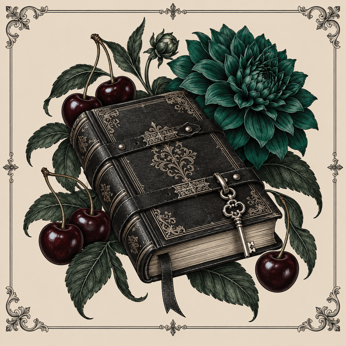 Antique dark-romance book, cherries, emerald dahlia, and silver key