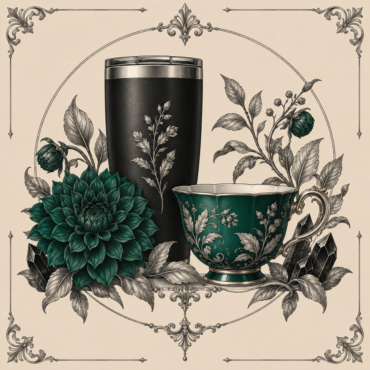 Black tumbler, emerald teacup, dahlia, and onyx crystals