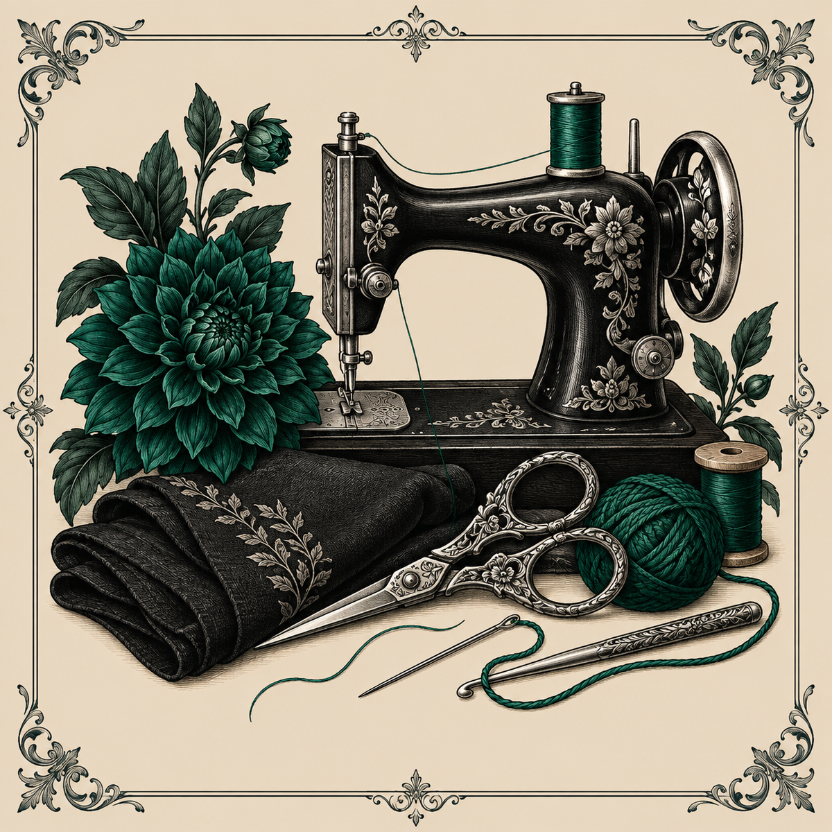 Vintage sewing machine, fabric, scissors, crochet hook, and emerald dahlia