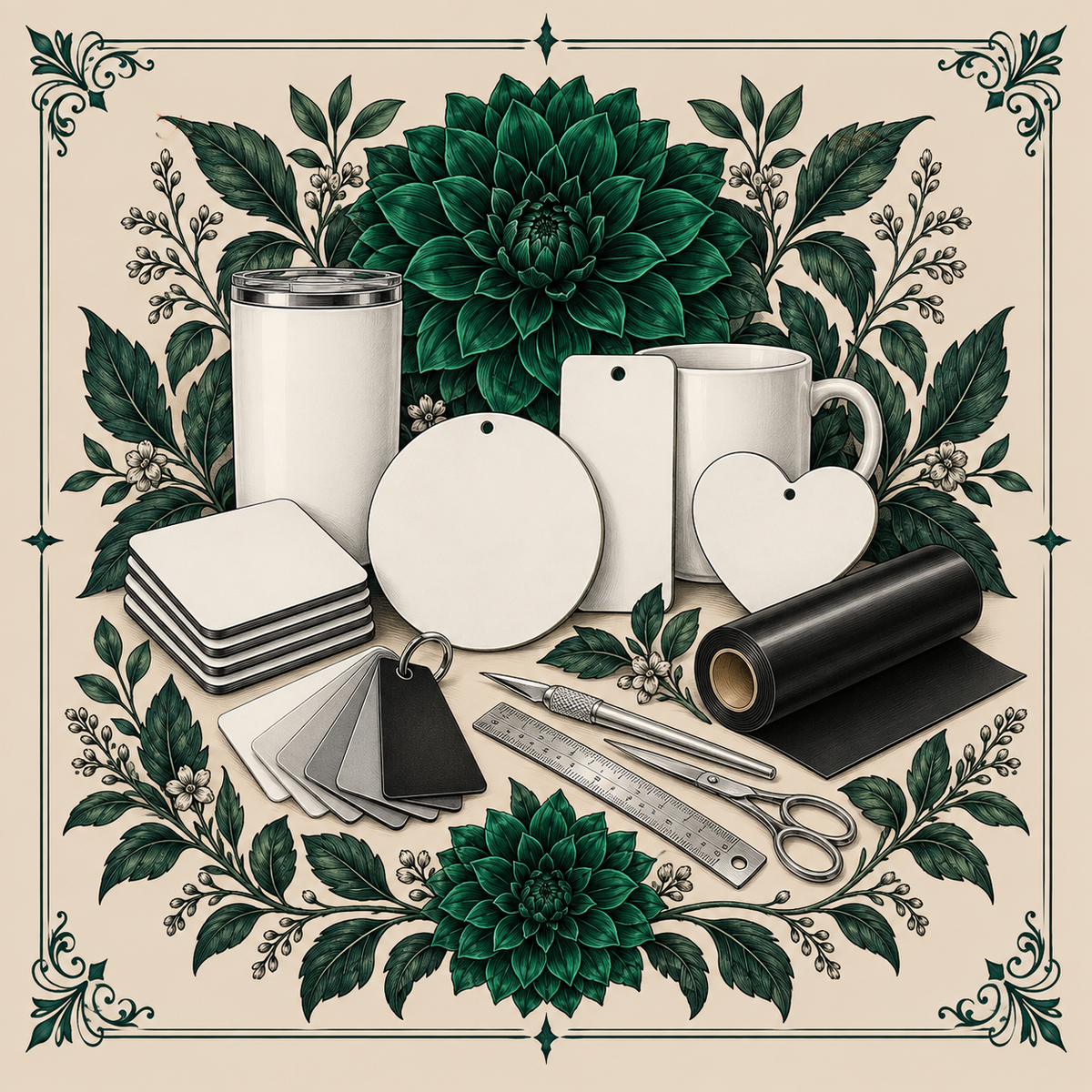 Sublimation blanks, vinyl, maker tools, and emerald florals