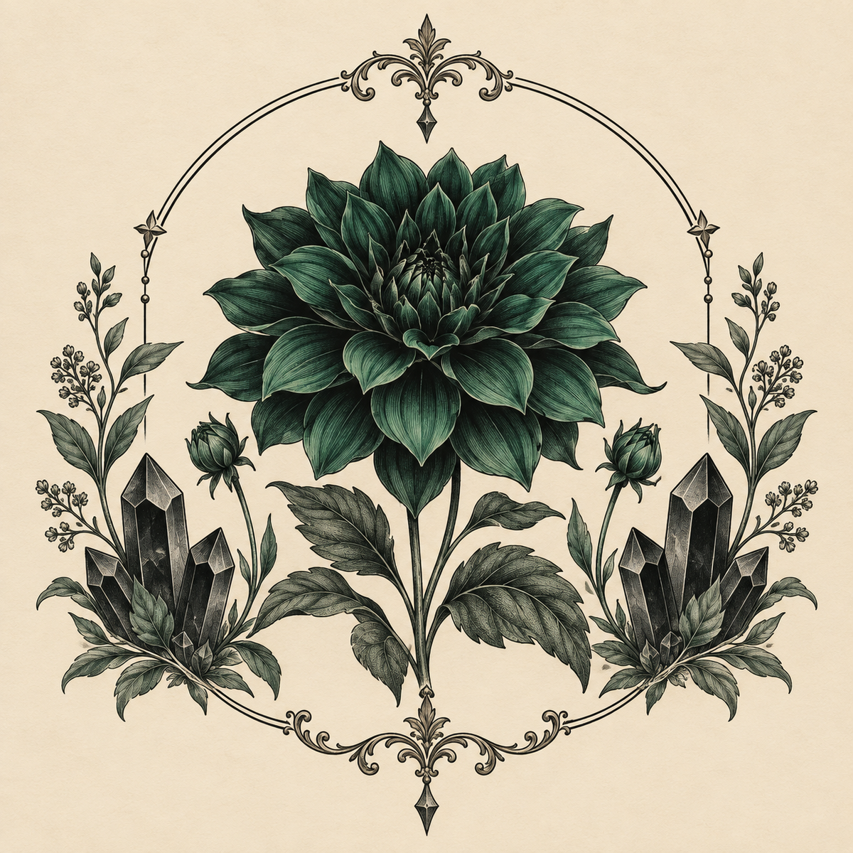 Emerald dahlia and onyx crystals in a Victorian botanical frame