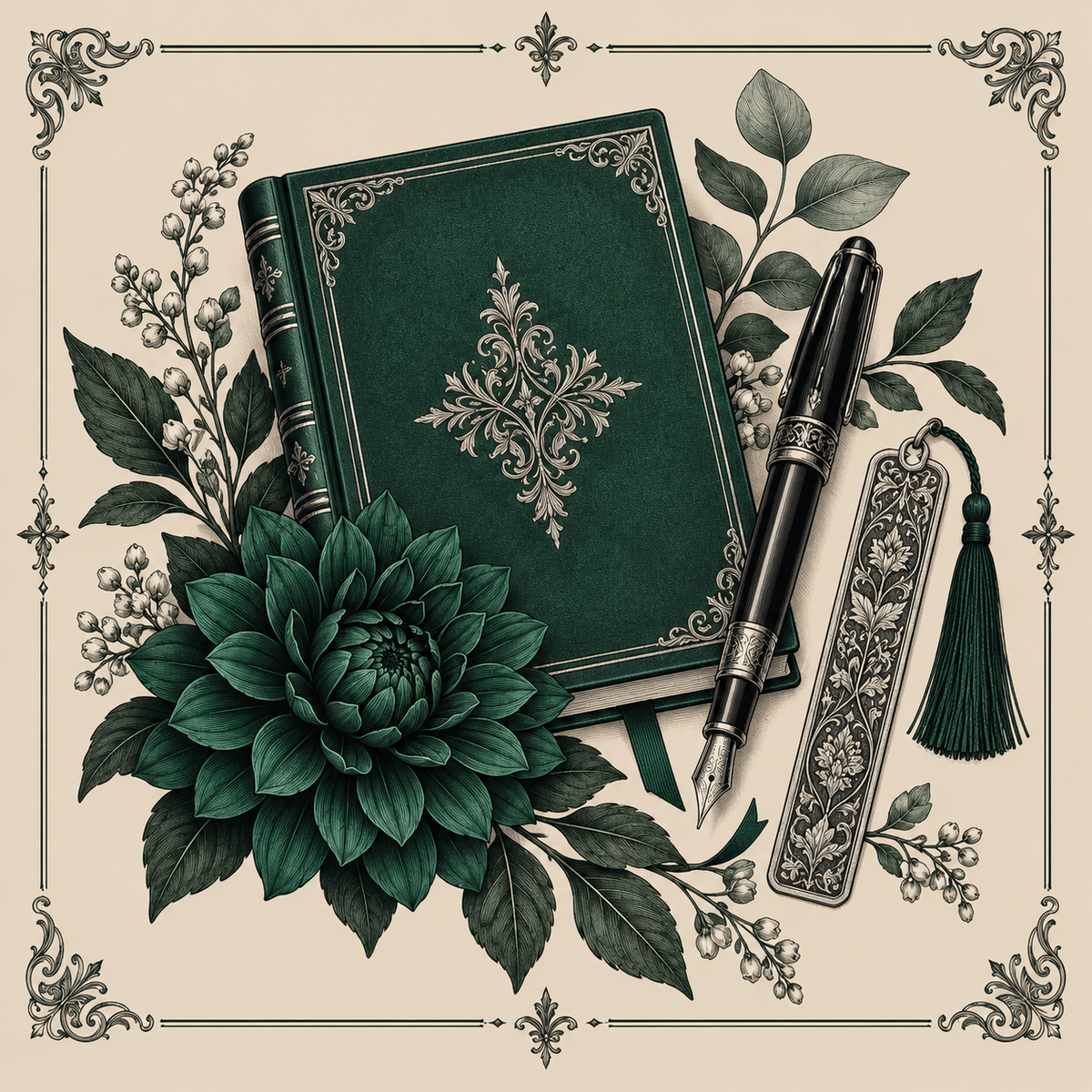 Emerald notebook, fountain pen, bookmark, and dahlia